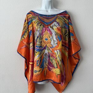 Aum Couture Feather Print Poncho Kimono Blouse Orange Boho Resort Top OS Coastal